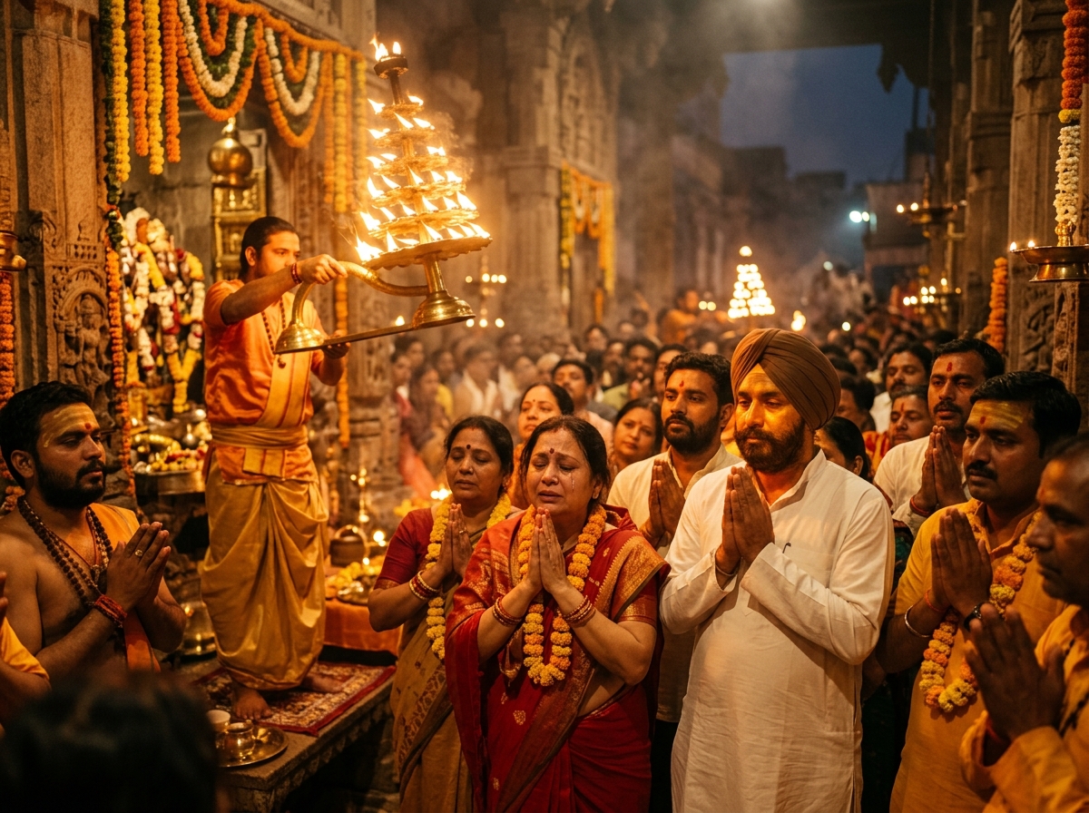 Devotees offering prayers during evening temple aarti with lamps