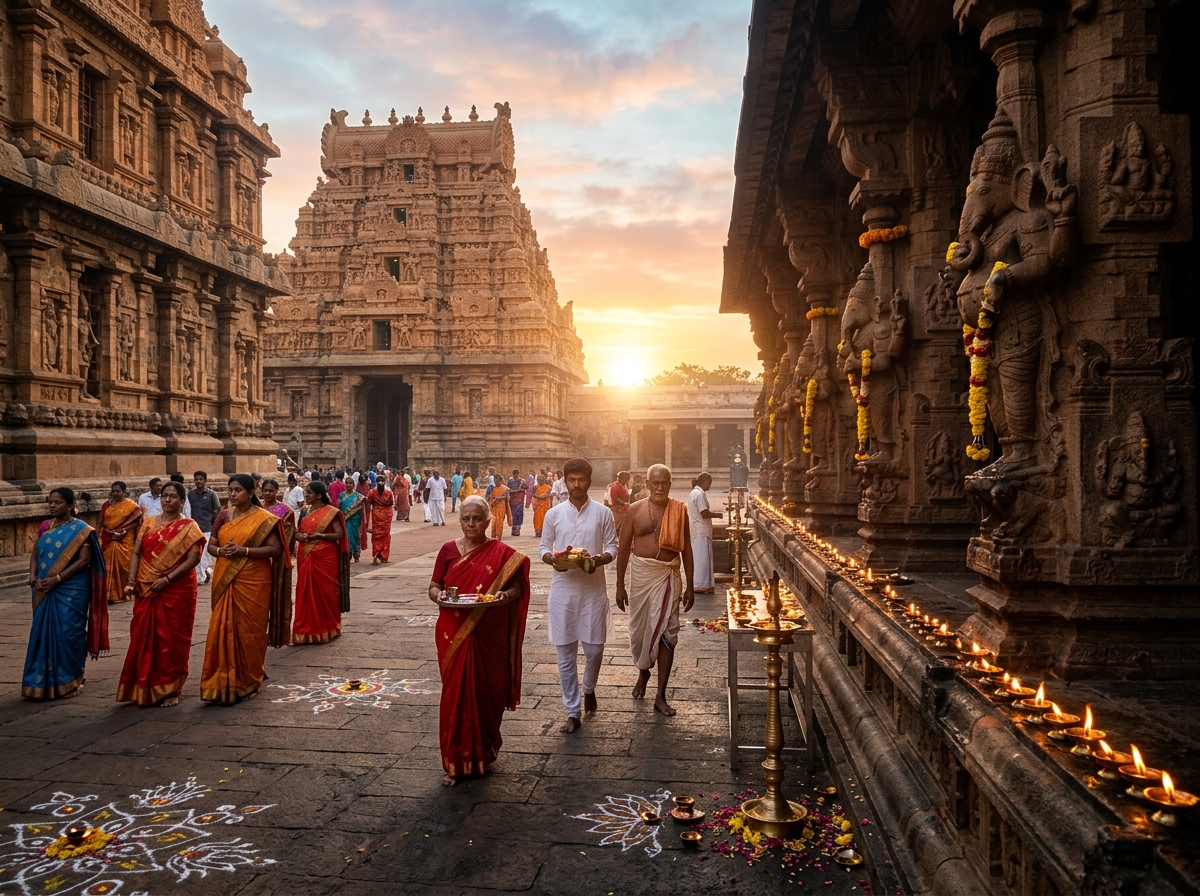 Ancient temple courtyard with walking devotees at sunrise