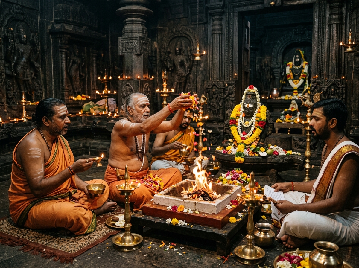 Traditional temple priests performing sacred seva rituals